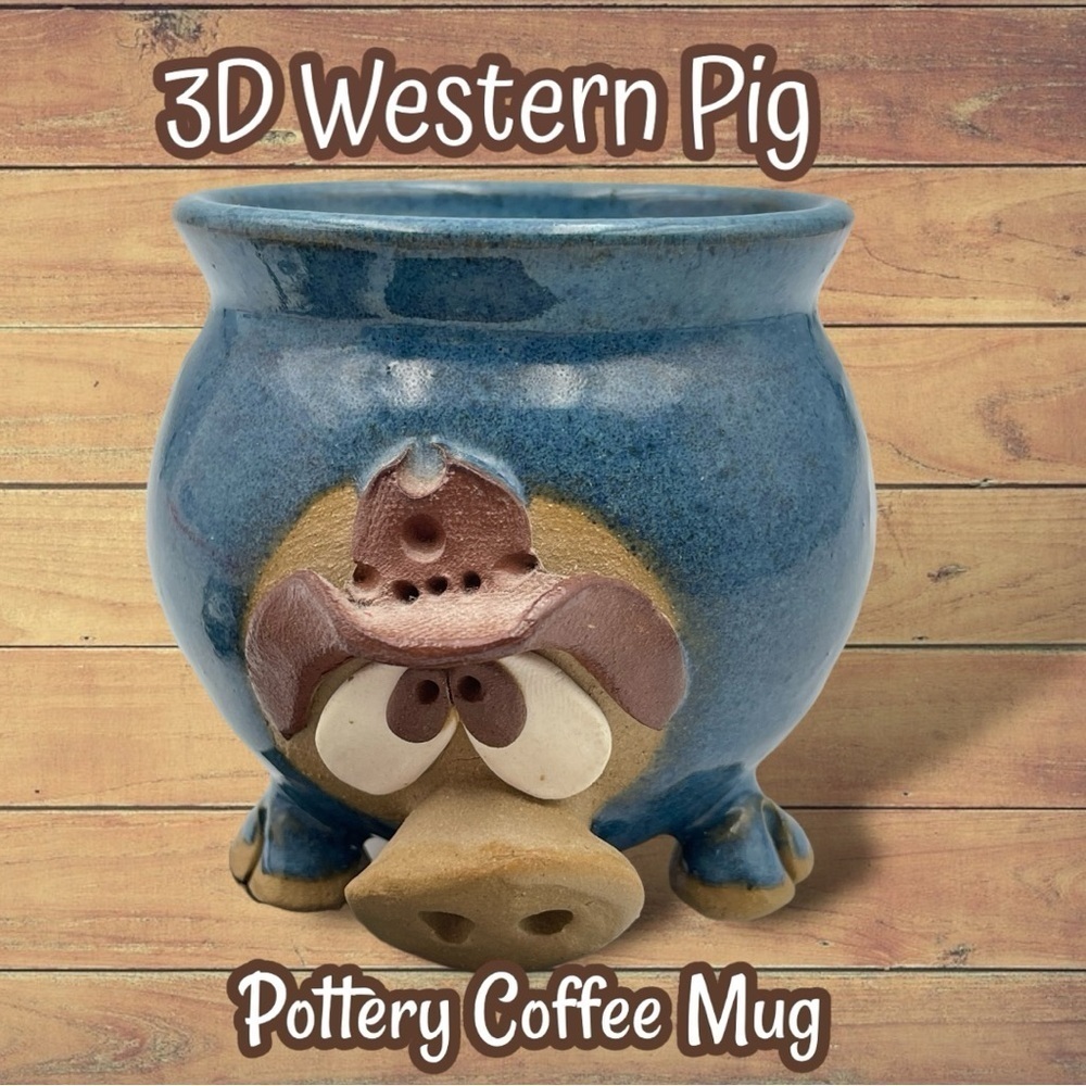 3D pig with western cowboy hat - handmade pottery coffee mug